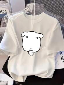 Ganadi, camiseta de gran tamaño con estampado divertido de cachorro de cara cuadrada, de corte holgado y manga corta, adecuada para estudiantes y para desplazamientos en el campus, camisetas blancas originales para mujer. - Blanco - Ver 7