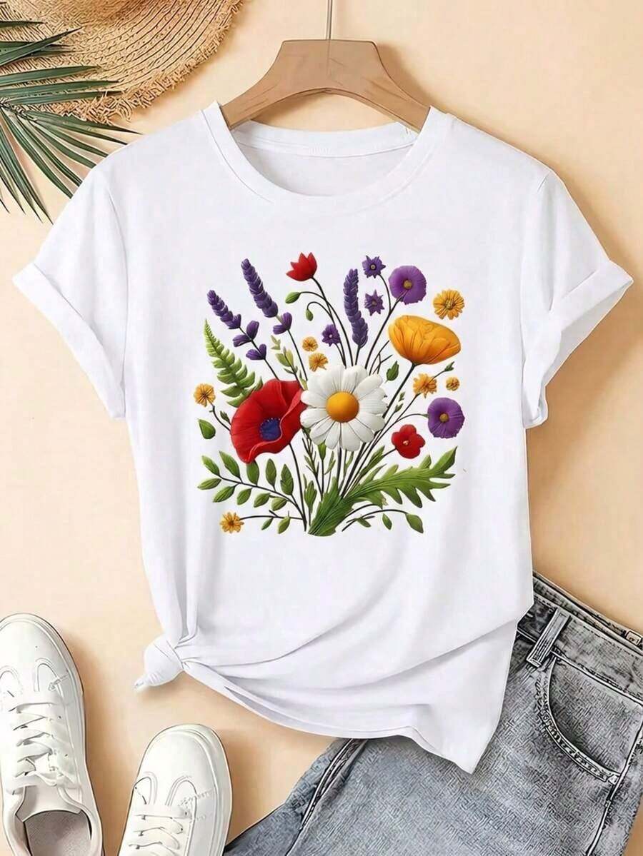 Hottest Summer T-Shirt : Pure Cotton Graphic Tee For Women, Daisy Print, Floral Lavender Spring Flower, Loose Fit, Round Neck, Short Sleeves, Everyday Wear, Day And Night, Stylish, Pure Cotton Tee. A Stylish And Popular Party Tee - 白色 - 查看 1