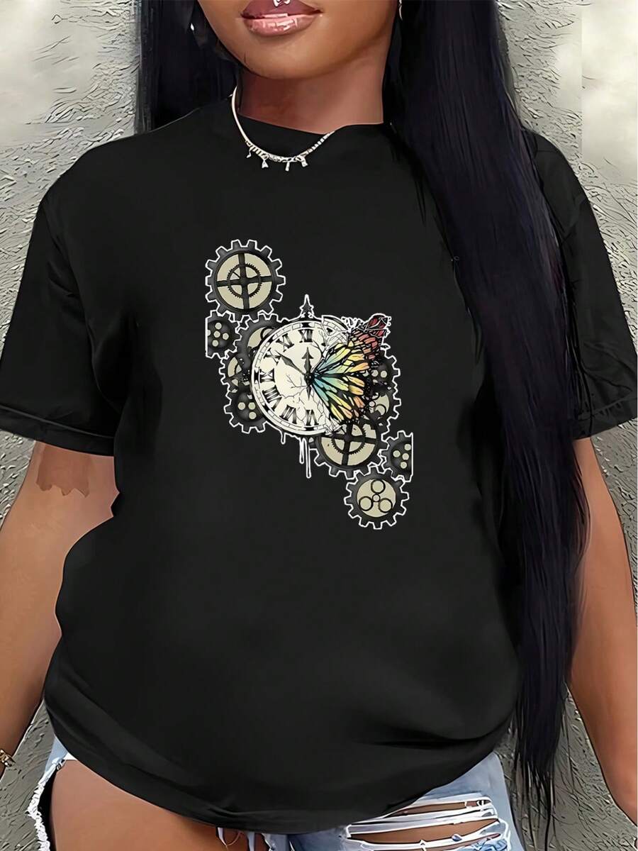 Camiseta de manga corta, ligera y duradera, con un diseño de engranaje de reloj steampunk, es perfecta para uso casual en casa, en la oficina o en una cafetería, ofreciendo una experiencia de uso cómoda para el día a día. - Negro - Ver 1