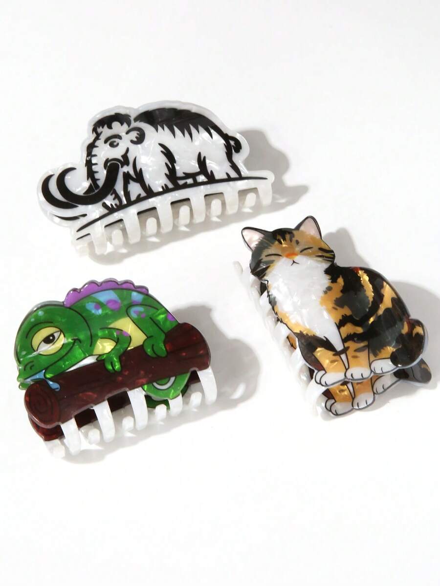 1pc Cute Animal Design Hair Clip, Mammoth, Cat, Lizard Cartoon Creative Party Accessory, Medium Size, Adorable Hairpin For Girls - Multicolor B - View 1