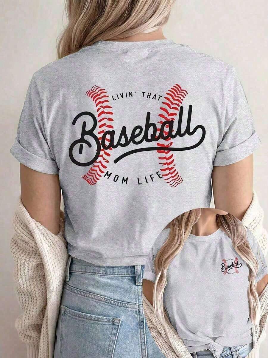 Summer T-Shirts [Double-Sided Print] Women's Short-Sleeve Crew Neck T-Shirt, Casual Style, With Baseball Stitching And The Text "LIVIN' THAT MOM LIFE", Machine Washable, Suitable For Casual Wear, Multipurpose Clothing, Fashionable T-Shirt, Comfortable Material, For Style Enthusiasts, Loose And Comfortable For Summer. - 淺灰色 - 查看 1