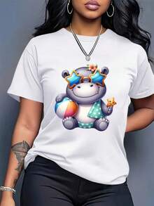 Limited Time Offer, Limited Quantity Available, Lightning Flash, Women's Shirts, Women's T-Shirts, Plus Size Women's T-Shirts - Adorable Hippo Print With Star Sunglasses And Beach Ball - Soft And Breathable T-Shirts For Everyday Summer Wear - Sizes Up To 4XL - Casual Wear, Perfect For Beach Parties And Relaxed Weekend Style, Beach T-Shirts, Cheerful Design, Comfortable Fit, Vacation Wear, Lightweight Material, Stylish Tops - 白色 - 查看 2