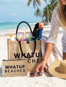 大容量托特包，黑色文字印花「WHATUP BEACHES」，便攜式大容量購物袋，多功能收納袋，亞麻手把托特包，適合海灘旅行、度假、野餐、超市購物、日常攜帶，輕量夏季女款托特包，生日禮物、返校季、海灘玩樂、婚禮蜜月旅行、教師節禮物 - 彩色 - 查看 2