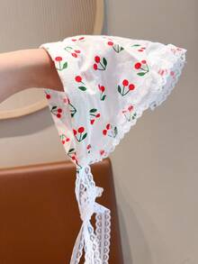 1 pieza Pañuelo triangular de mujer con estampado de cereza y ribete de encaje, accesorio para el cabello estilo bohemio para vacaciones, bandanas de vacaciones - Multicolor - Ver 3