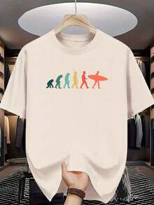 1 pieza Imagen del artículo Camiseta divertida con diseño de evolución del surf, color beige claro, cuello redondo (2) 180g 100% algodón, los diseños están impresos. Unisexo. - Blanco - Ver 1