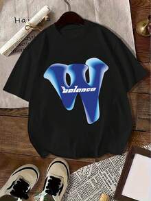 Camiseta de playa Y2K de cuello redondo con estampado gráfico para mujer, estilo casual moderno veraniego - Negro - Ver 1