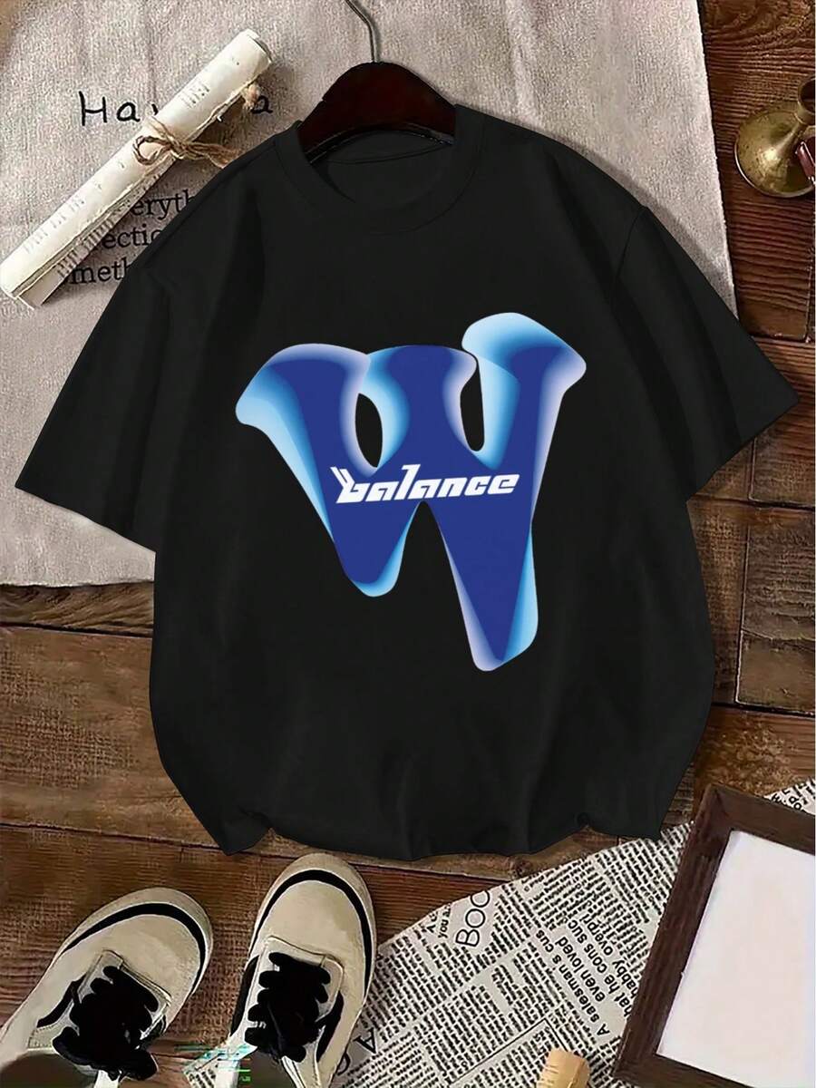 Camiseta de playa Y2K de cuello redondo con estampado gráfico para mujer, estilo casual moderno veraniego - Negro - Ver 1