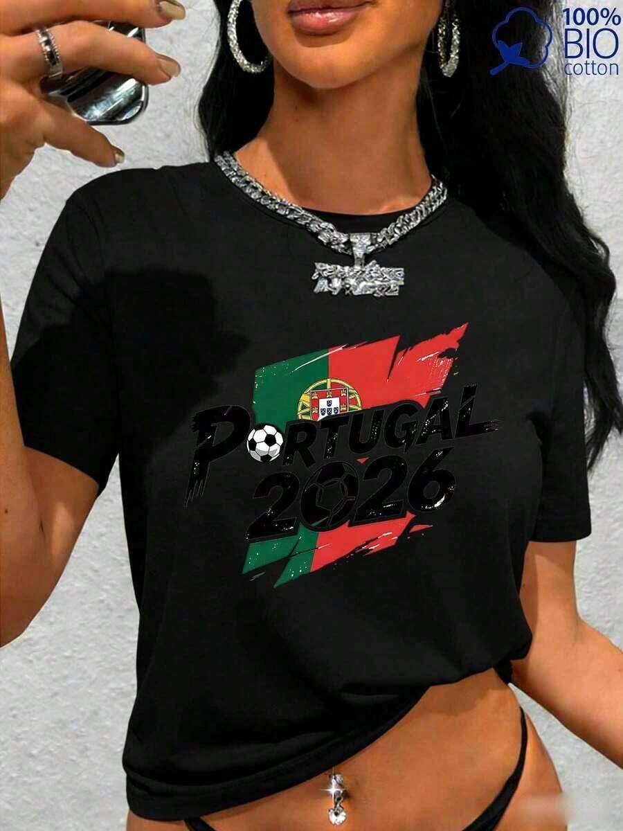 Nueva Camiseta Casual de Verano para Mujer, Estilo Deportivo, Estampado Portugués 2026, Cuello Redondo, Versátil, Ajuste Holgado, Manga Corta, para Deportes de Verano, Actividades al Aire Libre, Viajes Diarios, Estilo Retro Americano, Ideal para el Verano, Estilo Urbano Vintage, Unisex, Camiseta de Algodón Holgada de Manga Corta con Cuello Redondo. - Negro - Ver 1