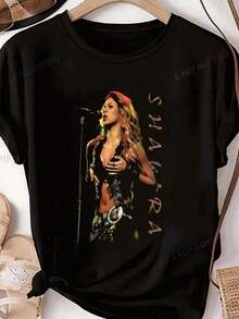 Singer's Printed T-Shirt, Harajuku Style, Neutral, Short Sleeve, Unisex, With Graphics, Plus Size. - Hitam 2 - View 7