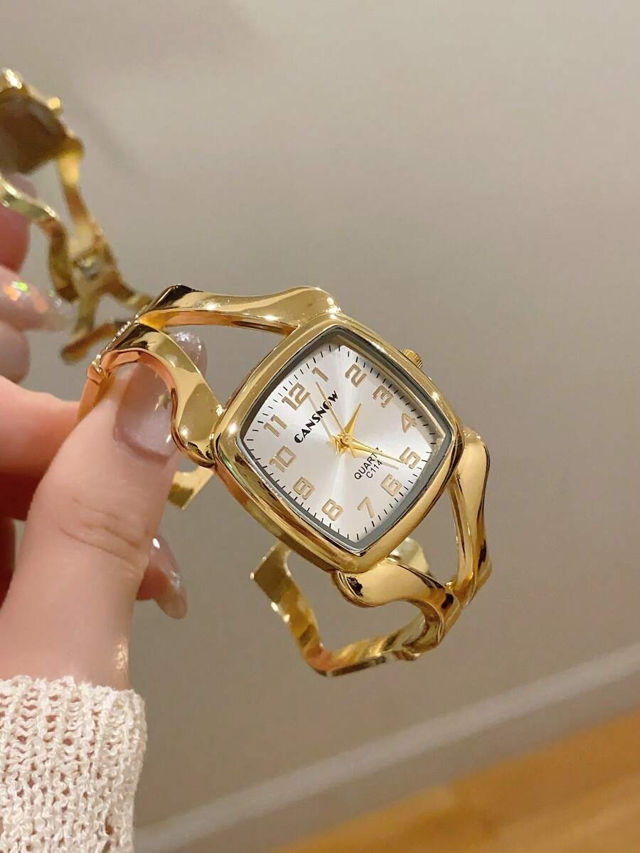 1 Stück Damen Quadratische Goldene Quarz Uhr, minimalistisch & modisch, geeignet für den täglichen Gebrauch, beste Geschenkwahl für Feiertage - Gold - Übersicht 1