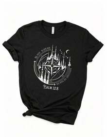 Camiseta de mujer a 2026, 3 pieza de camiseta casual de manga corta para mujer, camiseta con estampado de brújula de montaña y el salmo 32:8 "Bajo sus alas", camiseta de mujer de manga corta con cuello redondo, top deportivo casual transpirable de algodón puro, regalo de vacaciones, Mariposa de Primavera Pascua. - Negro - Ver 2