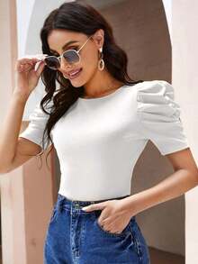 Camiseta De Manga Corta Con Cuello Redondo Y Mangas Abullonadas Para Mujeres - Blanco - Ver 1