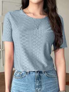 Camiseta de cuello redondo sólido con bordado de ojales, estilo preppy - Azul - Ver 3