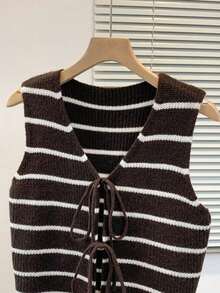 Chaleco de punto con rayas y nudo para mujer, de estilo casual - Café integral - Ver 3