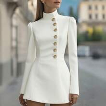 Women's Dress, High Neck, Simple Buttons, Solid Color, Fitted, Elegant, New Autumn Season - White - View 8