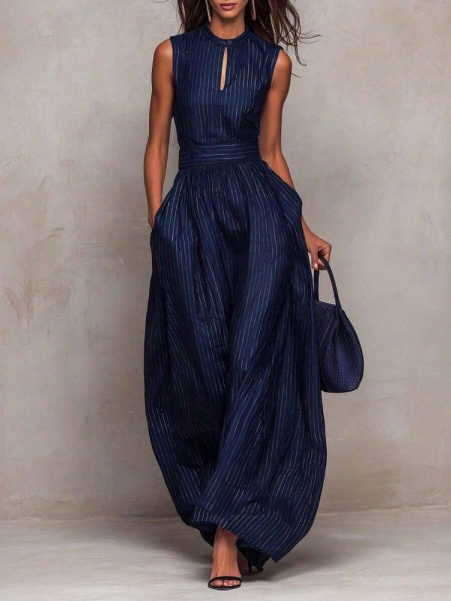 Mono largo de rayas azules sin mangas, silueta ajustada y pierna ancha, look moderno femenino - Azul marino - Ver 1