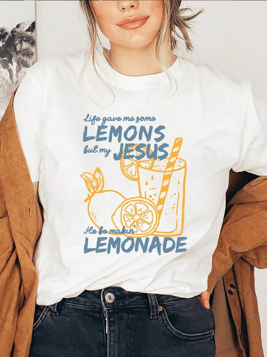 1 pieza Camiseta de Mujer con Estampado Gráfico de Limonada, Manga Corta, Cuello Redondo, Top Casual para Primavera/Verano, Ropa de Mujer, 180g Algodón 100% - Blanco - Ver 1