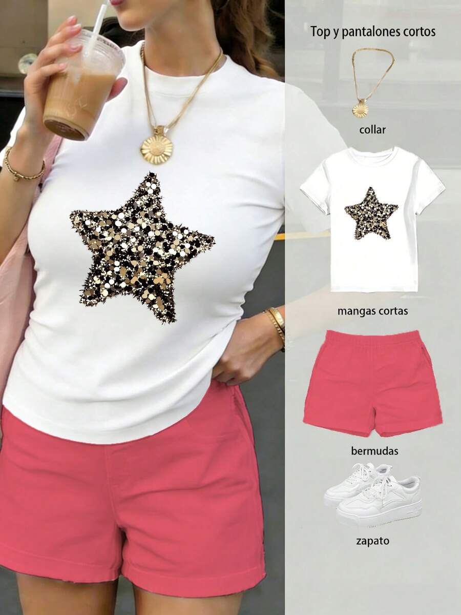 Conjunto de dos piezas de camiseta y shorts para mujer, con patrón de estrella de cinco puntas con textura brillante en el frente, elegante y moderno, versátil para uso diario casual - Camiseta blanca + pantalones cortos ROSA - Ver 1