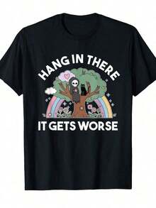 Camiseta gráfica divertida de "Hang in There It Gets rse" hombres - 100% Polyester, cuello redondo, manga corta con estampado de árbol caprichoso, arcoíris y mariposas - Ajuste cómodo casual uso en todas las estaciones, lavable a máquina, regalo ideal días festivos y cumpleaños, ropa de uso diario, diseño humorístico, material elástico - Negro - Ver 10