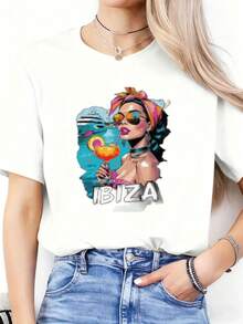 Camiseta de de verano Y2K Ibiza para mujer - Camiseta casual negra de manga corta y cuello redondo, con el llamativo estampado de la palabra IBIZA y un diseño de cola de piscina/cocktail - Perfecta para festivales deúsica y ropa de playa, atuendo de primavera/verano - Camiseta H-line lavable aáquina - Camiseta unisex de algodón holgada de manga corta y cuello redondo estilo vintage urbano. - Blanco - Ver 7