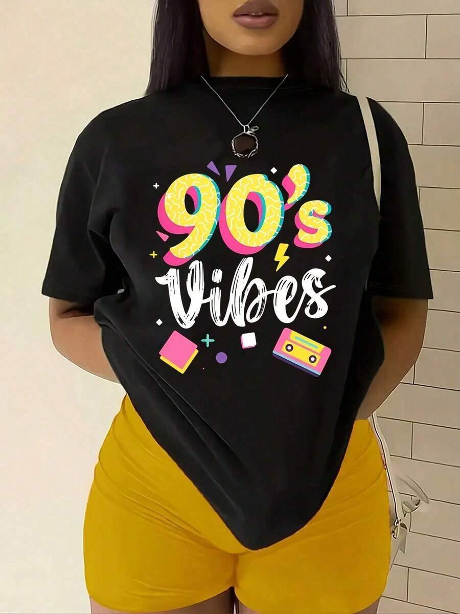 100% algodón puro, Camiseta de mujer, Camiseta gráfica de mujer con diseño de cinta neón retro estilo años 90, Camiseta casual de cuello redondo, Ideal para fiestas y regalos, Adecuada para todas las estaciones, Tops de mujer - Negro - Ver 1