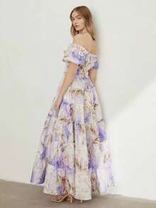 Vestido largo de fiesta hombros al descubierto en organza elegante aire etéreo estilo europeo nueva llegada para mujer - Púrpura malva - Ver 4
