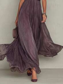 Vestido de gran falda con escote V cintura ajustada y volantes elegante y casual - Morado - Ver 5