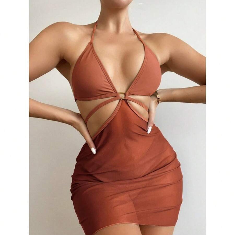 Nuevo y sexy traje de baño de tres piezas para mujer, de color sólido o multicolor, con bikini de malla y falda larga. - Marrón - Ver 1