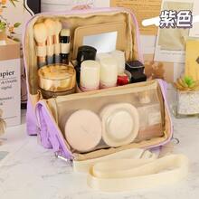 Bolsas de cosméticos para maquillaje, bolsa vertical de gran capacidad con compartimentos magnéticos y espejo de maquillaje, se cuelga en el equipaje, bolsa de almacenamiento de cosméticos portátil para viajes. - Neceser de tamaño mediano - morado - Ver 3