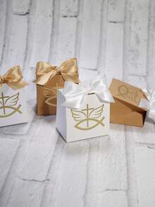 10pcs First Communion Favor Boxes With Cross Fish Symbol And Satin Ribbon Bow, Religious Candy Gift Boxes For Baptism Christening Holy Communion Party Decorations, Elegant White And Kraft Paper Treat Boxes For Cookies Chocolates Small Gifts Easy To Assemble - 7X5X7cm - View 10