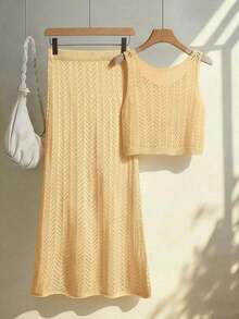 Women's 2-Piece Set, Comfortable, Casual And Elegant, Solid Color Ribbed With Hollow Design, Tank Top And Long Skirt, Suitable For Resort, Beach, Summer, Spring In Pink - Yellow - View 4