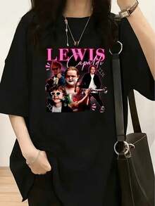 Una elegante camiseta de mujer para primavera y verano con un llamativo estampado blanco de NELLY en la parte superior y una cuadrícula de "B playeras de mujer". - Negro 5 - Ver 7