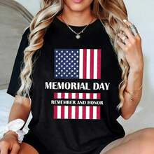 Camiseta Casual de Algodón para Mujer, Cuello Redondo, Manga Corta, con Estampado de la Bandera Americana para el Día de los Caídos, Corte Regular, playeras de mujer - Negro - Ver 5