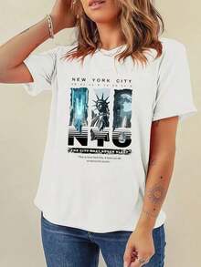 Camiseta Casual de Algodón Grueso de 180g para Mujer Payeah, La Ciudad Que Nunca Dupea, Camiseta con Estampado Digital 100% Algodón (1 Pieza) - Blanco - Ver 9