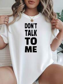 Camiseta de Mujer Casual de Corte Holgado, Opciones en Blanco y Negro, Estampado 'Don't Talk To Me', Camisetas Gráficas para Uso Diario de Verano, Tops de Verano, Camisetas Gráficas, Conjuntos de Verano para Mujer, Camisetas Cortas para Mujer, Tops Vintage de Algodón, Ropa Linda para Mujer, Playera Holgada para Mujer - Blanco - Ver 1