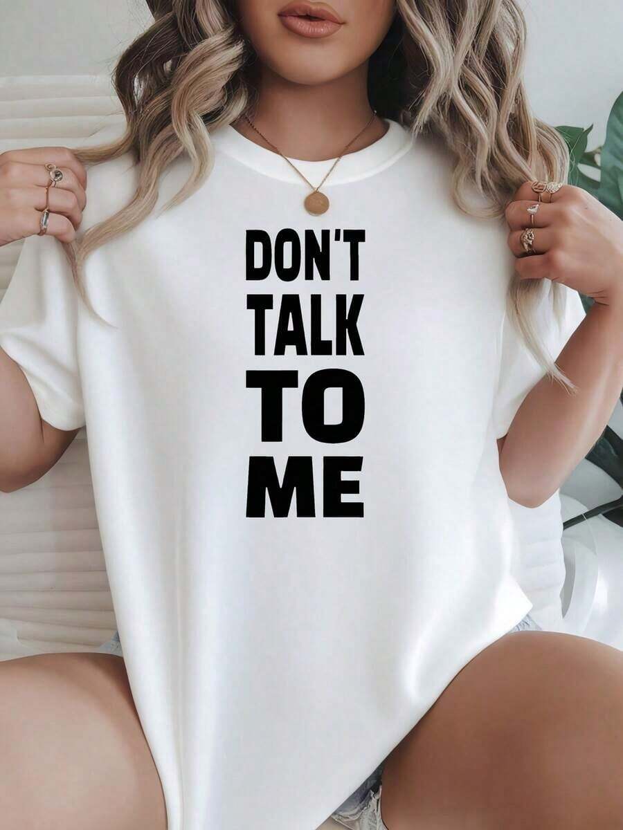 Camiseta de Mujer Casual de Corte Holgado, Opciones en Blanco y Negro, Estampado 'Don't Talk To Me', Camisetas Gráficas para Uso Diario de Verano, Tops de Verano, Camisetas Gráficas, Conjuntos de Verano para Mujer, Camisetas Cortas para Mujer, Tops Vintage de Algodón, Ropa Linda para Mujer, Playera Holgada para Mujer - Blanco - Ver 1