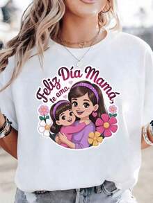 playeras de mujer algodon Playera Feliz Día Mamá, te ama |   Diseño de Mamá e Hija en Estilo Cartoon, Regalo para Mamá >ropa - Blanco - Ver 1