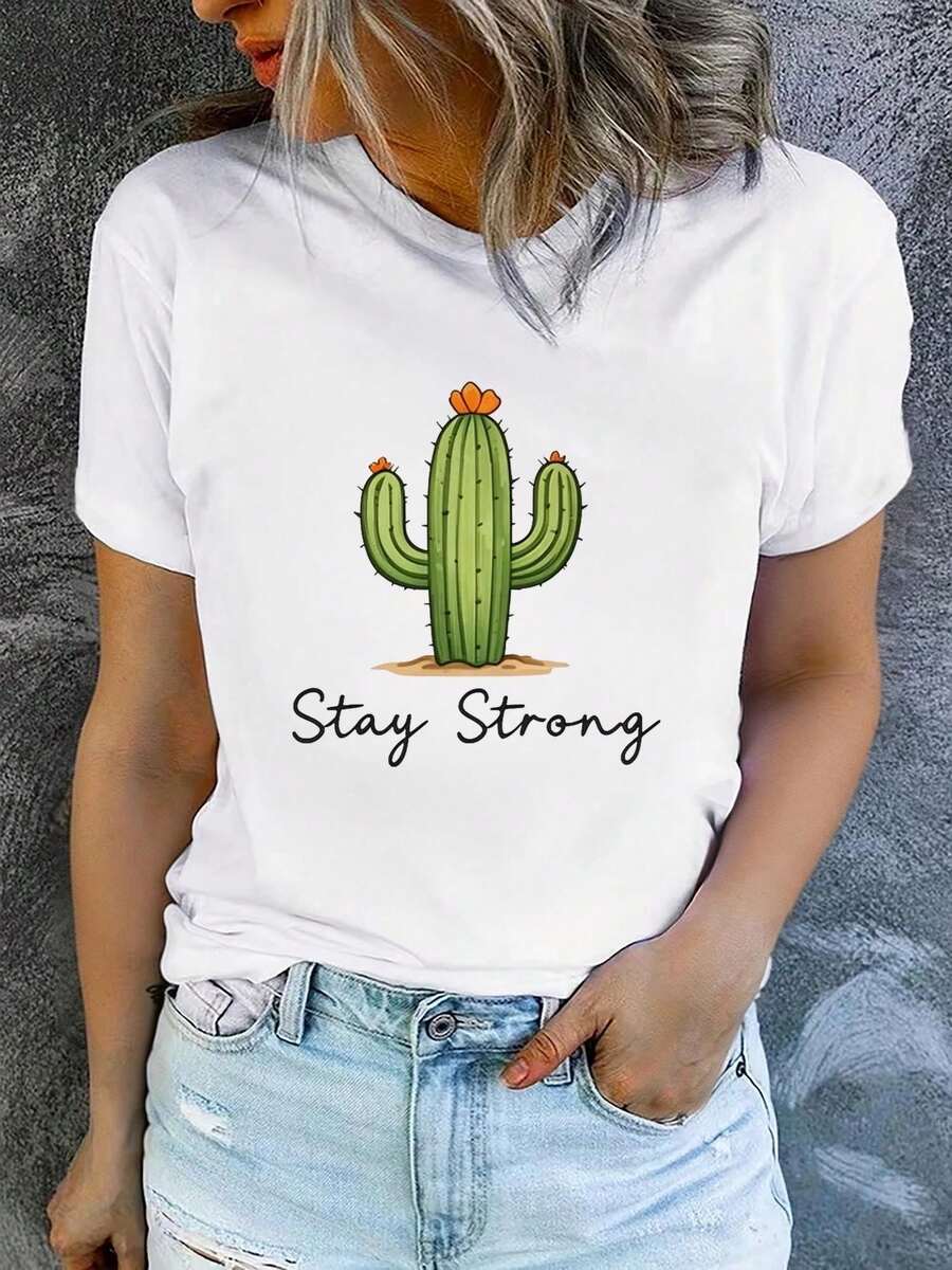 Women's Printed Short-Sleeved T-Shirt With Round Neck, Modern And Casual, Machine Washable, Comfortable Fit, 2D Flat Print, Casual 2D Blouses For Women. - 白色_09 - 查看 1