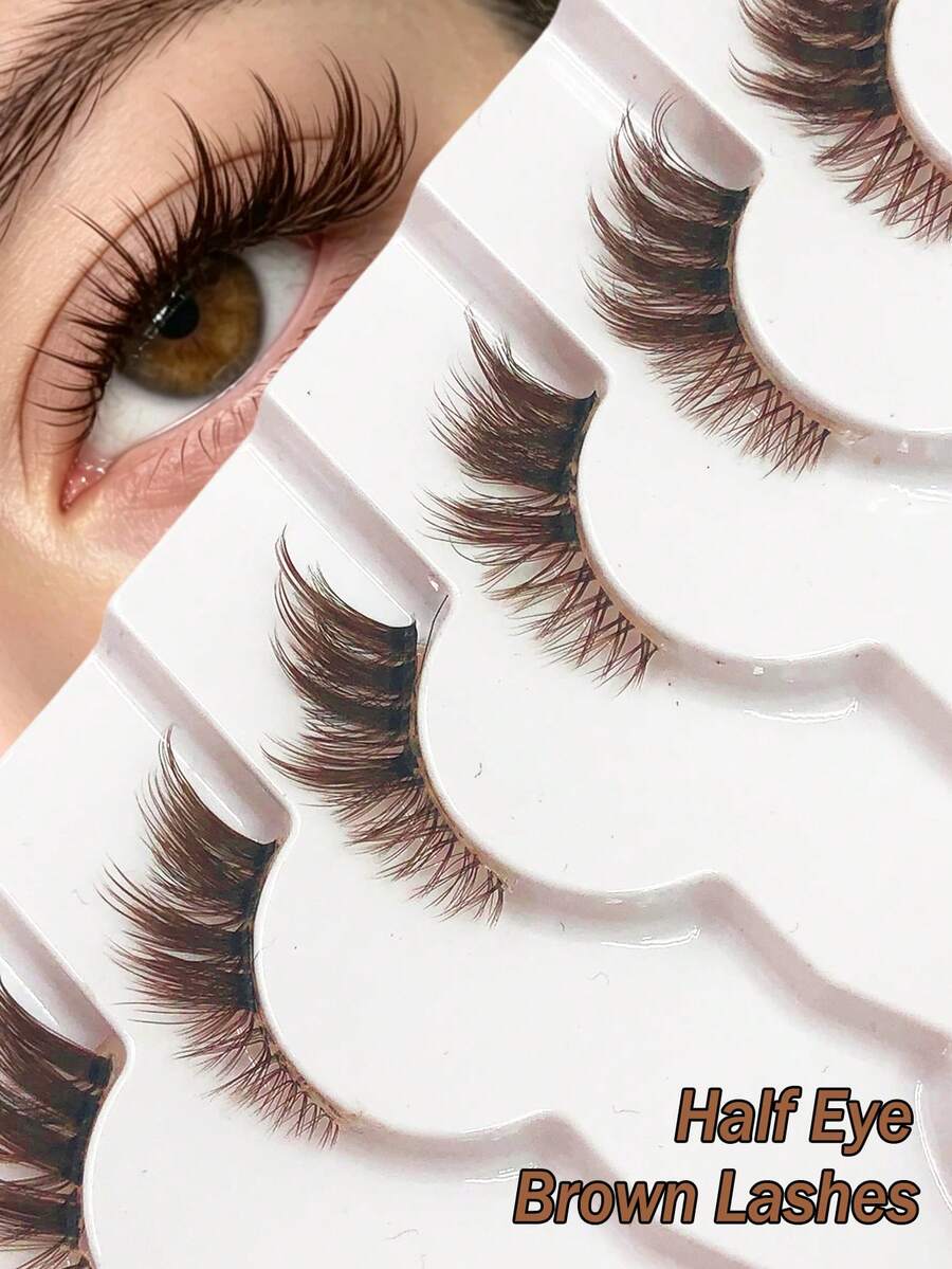Asiteo 7 Pairs Brown Natural Curly Faux Mink Half Striped False Eyelashes, Transparent Suitable For Party, Travel, Daily Wear - 棕色 - 查看 1