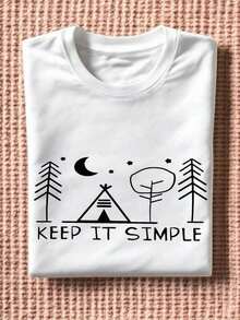 1 pieza de camiseta gráfica minimalista para mujer, ideal para camping, con estampado de pino y otras plantas, tela suave y elástica, cuello redondo, top casual, ropa de camping, diseño inspirado en la naturaleza, ajuste cómodo, atuendo diario, 180g de algodón 100%. - Blanco 3 - Ver 10