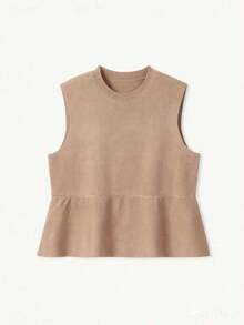 Blusa sin mangas de punto para mujer, estilo minimalista casual, unicolor, bajo con volantes, favorecedora, adecuada para ir a trabajar, citas, vacaciones, tiempo libre - Beis - Ver 7