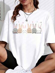 Camiseta Oversize ModernoCute con Estampado de Conejo Blanco, Diseño de Conejo de Dibujos Animados para Uso Casual y Estilo Diario, Ropa Casual - Blanco - Ver 1