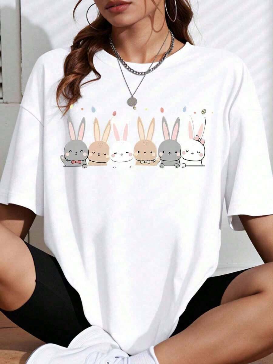 Camiseta Oversize ModernoCute con Estampado de Conejo Blanco, Diseño de Conejo de Dibujos Animados para Uso Casual y Estilo Diario, Ropa Casual - Blanco - Ver 1