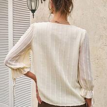 Blusa holgada con cuello en V con volantes, de manga 3/4, nueva llegada de primavera/verano con estilo romántico francés para mujer - Negro - Ver 3