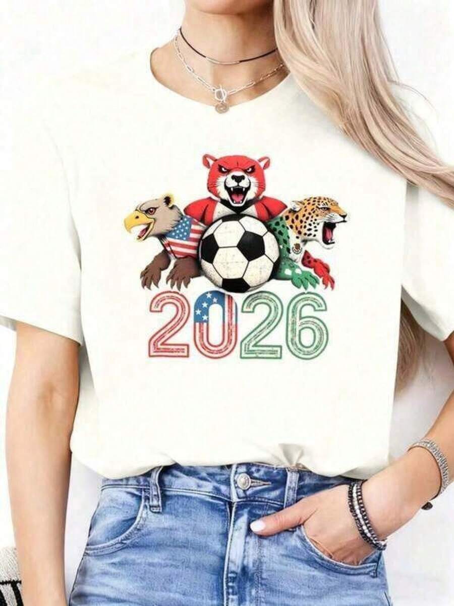 Camiseta con tema de la Copa Mundial 2026, Camiseta de fan de la Copa Mundial 2026, USA Canadáéxico, Camiseta de fútbol% aodón con estampado divertido de cuello redondo y manga cortara mujer, adecu para eventos deportivos, fiestas, salidas, deportes y otros regalos festivos - Negro - Ver 1