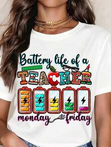 Camiseta de Profesor con Estampado Gráfico "La Duración de la Batería de un Profesor de Lunes a Viernes" para la Vuelta al Cole y el Día del Agradecimiento al Profesor, camiseta elegante adecuada para fiestas. - Blanco - Ver 5
