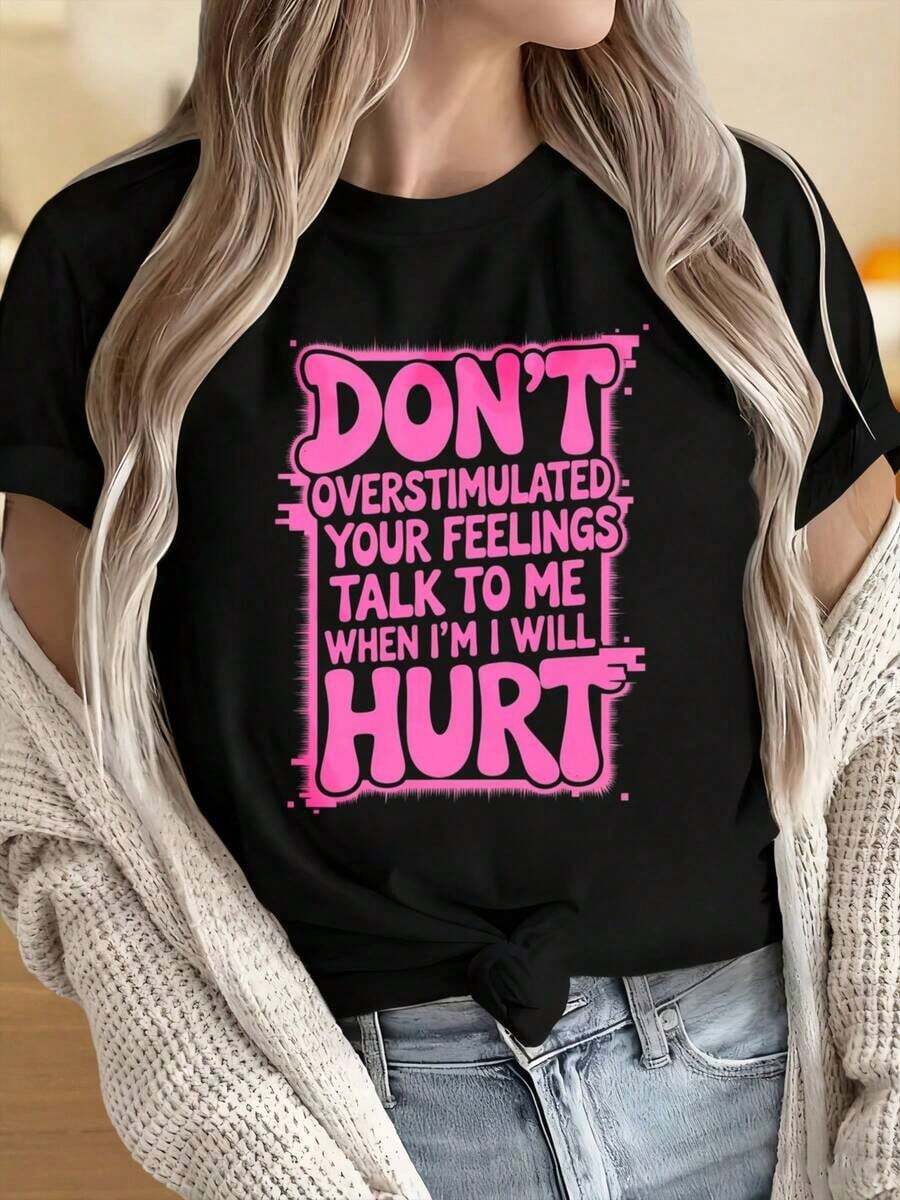 Camisetas para Mujer y Hombre con Cuello Redondo y Mangas Cortas. No sobrecargues tus sentimientos, habla conmigo cuando sientas que te haré daño. Camiseta gráfica para mujer, camiseta de moda, top casual. Estampados divertidos son adecuados para fiestas de Navidad, actividades deportivas, fiestas de vacaciones, salidas, deportes y otros regalos navideños. - Negro - Ver 1