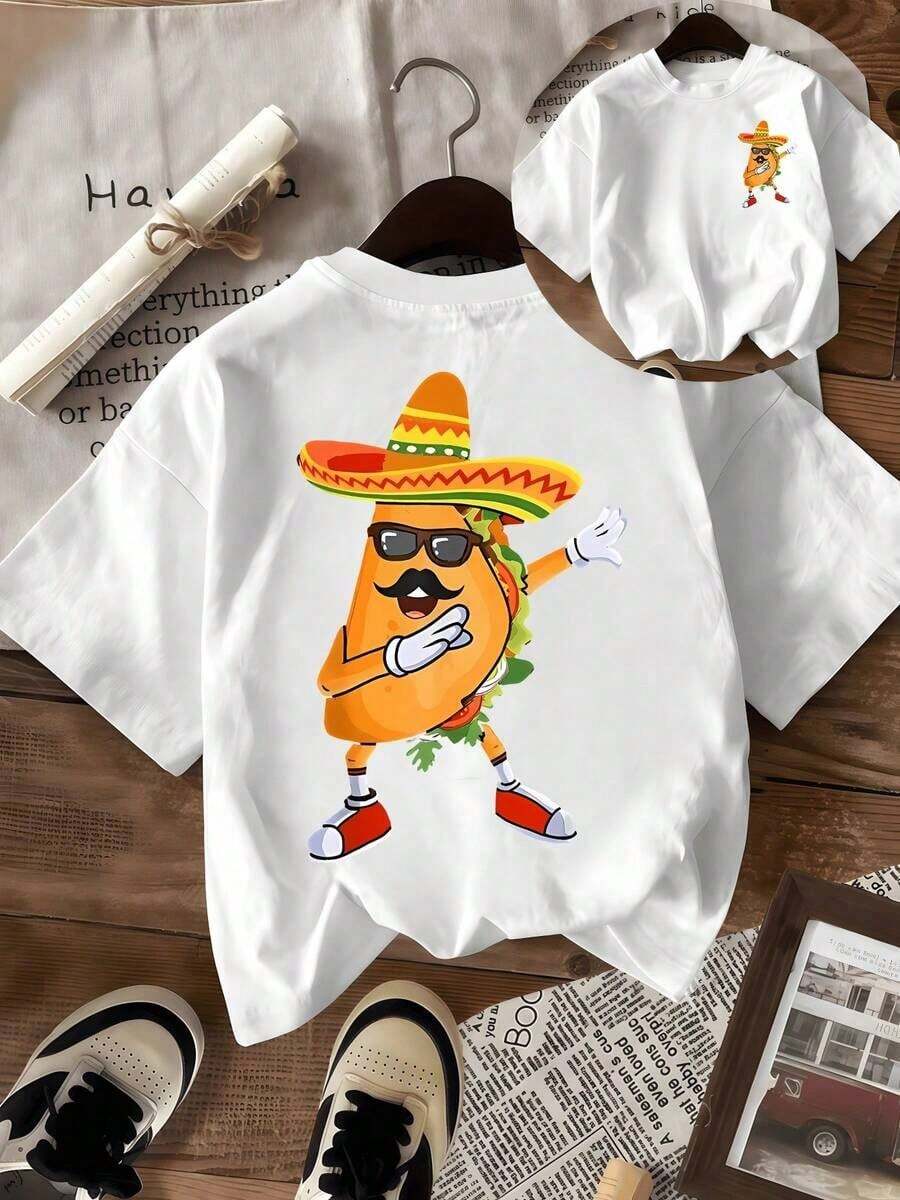 Animated Taco With A Mexican Hat, Glasses, And Mustache Making A Funny Gesture That Conveys Joy And Latin Flavor-Perfect For Lovers Of Mexican Culture. Casual Red Women's T-Shirt - 白色的 - 查看 1