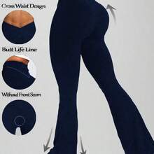 MewMuse. CZRLHYT Pantalones acampanados gruesos, pantalones acampanados de yoga de cintura alta minimalistas, pantalones acampanados deportivos casuales ajustados, pantalones acampanados con diseño de elevación, invierno - Niebla azul - Ver 2