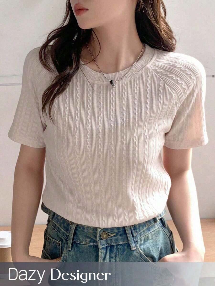 Designer Camiseta de manga raglán de unicolor para mujer, tops de estilo universitario para el verano - Albaricoque - Ver 1